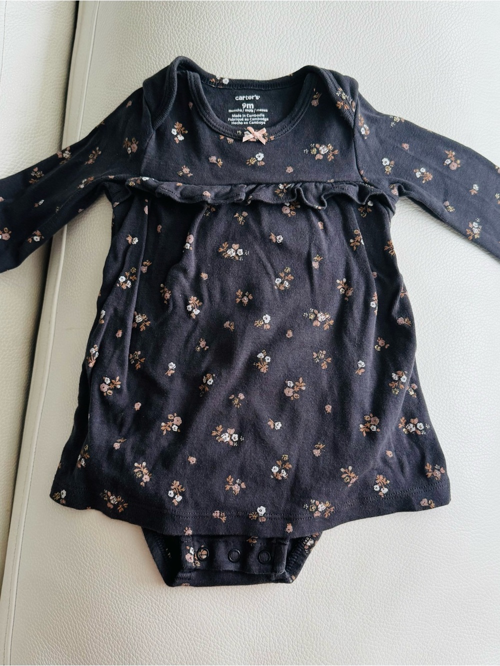 Carter's Baby Girls Navy Floral Long-Sleeve One-Piece Dress 9 mo GUC